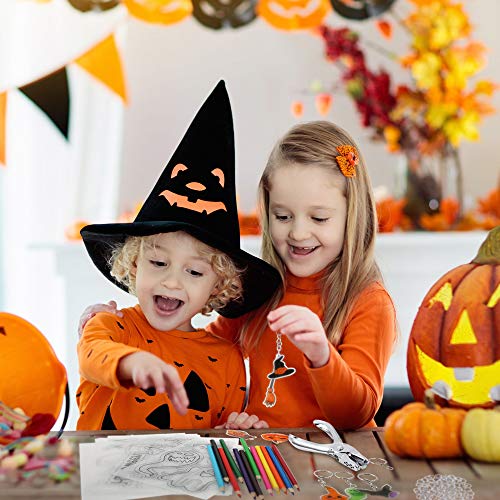 Auihiay 145 Pieces Halloween Heat Shrink Plastic Sheet Kit Include 8 Shrink Paper with Halloween Patterns, 4 Blank Shrink Film Papers, Hole Punch, Keychains, Pencils for Kids DIY Creative Craft