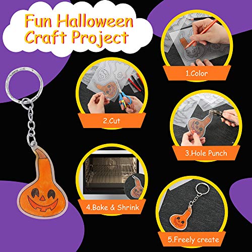 Auihiay 145 Pieces Halloween Heat Shrink Plastic Sheet Kit Include 8 Shrink Paper with Halloween Patterns, 4 Blank Shrink Film Papers, Hole Punch, Keychains, Pencils for Kids DIY Creative Craft