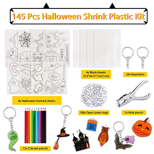 Auihiay 145 Pieces Halloween Heat Shrink Plastic Sheet Kit Include 8 Shrink Paper with Halloween Patterns, 4 Blank Shrink Film Papers, Hole Punch, Keychains, Pencils for Kids DIY Creative Craft