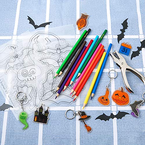 Auihiay 145 Pieces Halloween Heat Shrink Plastic Sheet Kit Include 8 Shrink Paper with Halloween Patterns, 4 Blank Shrink Film Papers, Hole Punch, Keychains, Pencils for Kids DIY Creative Craft