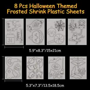 Auihiay 145 Pieces Halloween Heat Shrink Plastic Sheet Kit Include 8 Shrink Paper with Halloween Patterns, 4 Blank Shrink Film Papers, Hole Punch, Keychains, Pencils for Kids DIY Creative Craft