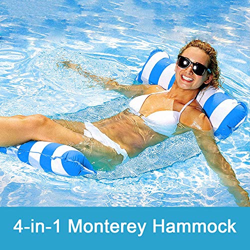 Water Hammock Inflatable Pool Float for Adult, Swimming Mesh Floating Bed Hammocks (Saddle, Lounge Chair, Hammock, Drifter) Pool Chair Lounge Bed Swim Chair (Blue Stripe)