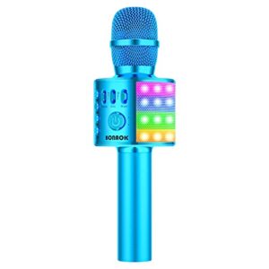 bonaok wireless bluetooth karaoke microphone for kids, portable handheld singing mic speaker mp3 player with controllable led lights, party for adults girls boys teens q37l (blue)