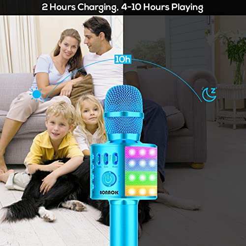 BONAOK Wireless Bluetooth Karaoke Microphone for Kids, Portable Handheld Singing Mic Speaker MP3 Player with Controllable LED Lights, Party for Adults Girls Boys Teens Q37L (Blue)