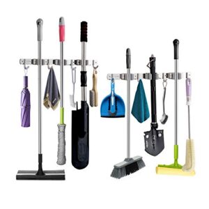 vosigreen broom & mop holder, wall mount organizer hanger for rakes, utensils, tools-3 clamps, 4 hooks-17” self adhesive or drillable installation-for kitchen, garage, garden, office, closet, 2 pack