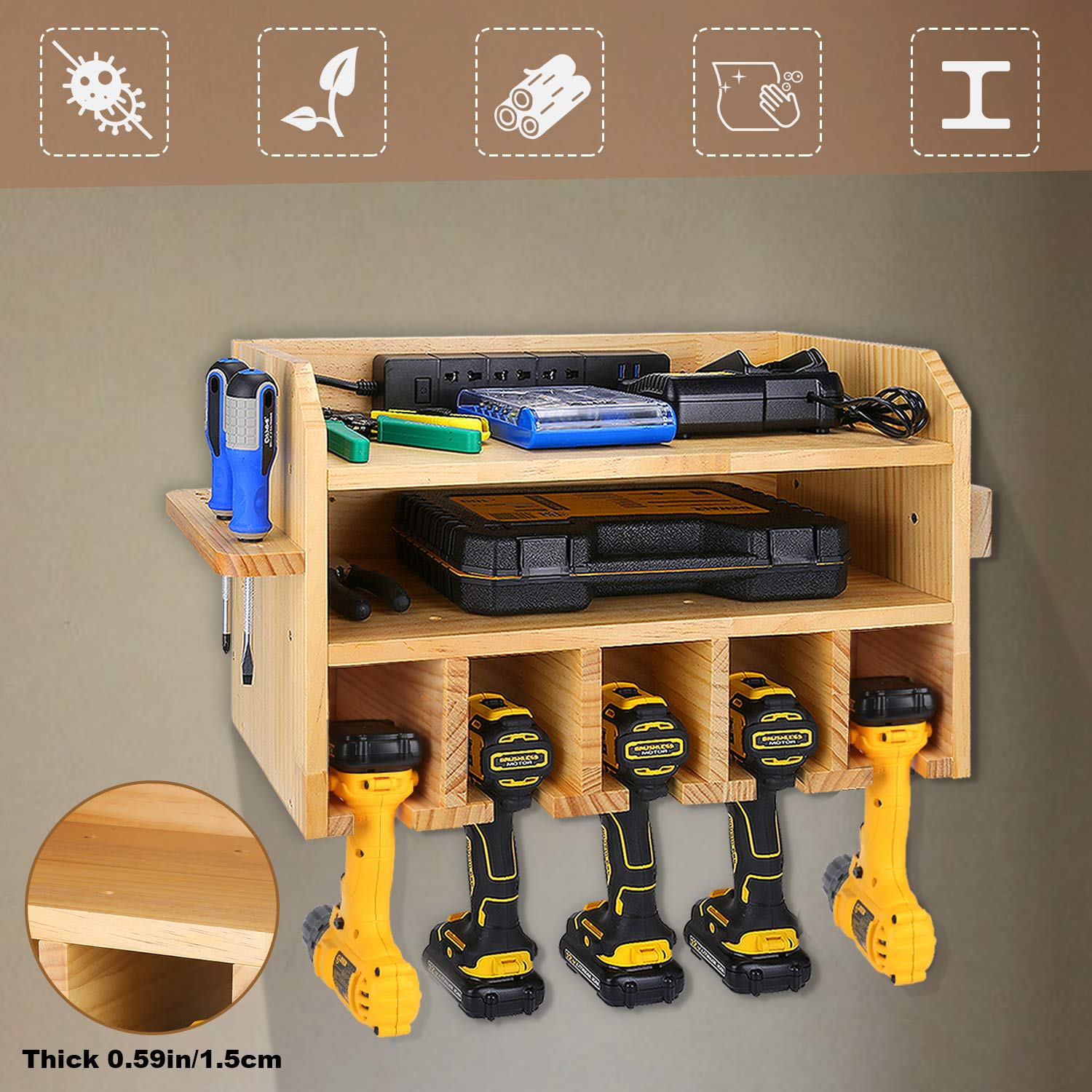 Power Tool Storage, Power Tools Organizer, Cordless Drill Charging Station Wall Mount Five Drill Holder with Screwdriver Rack and Drill Bit Rack Garage Storage Tool Organizer
