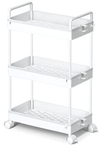 ronlap 3 tier classic slim storage cart with wheels slide out plastic rolling utility cart organizer for bathroom laundry room kitchen office narrow place, white