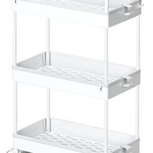 Ronlap 3 Tier Classic Slim Storage Cart with Wheels Slide Out Plastic Rolling Utility Cart Organizer for Bathroom Laundry Room Kitchen Office Narrow Place, White