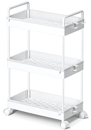 Ronlap 3 Tier Classic Slim Storage Cart with Wheels Slide Out Plastic Rolling Utility Cart Organizer for Bathroom Laundry Room Kitchen Office Narrow Place, White