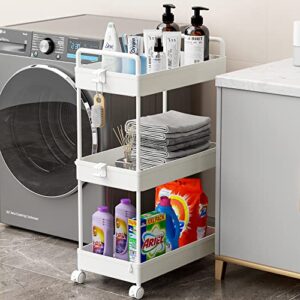 Ronlap 3 Tier Classic Slim Storage Cart with Wheels Slide Out Plastic Rolling Utility Cart Organizer for Bathroom Laundry Room Kitchen Office Narrow Place, White