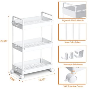 Ronlap 3 Tier Classic Slim Storage Cart with Wheels Slide Out Plastic Rolling Utility Cart Organizer for Bathroom Laundry Room Kitchen Office Narrow Place, White