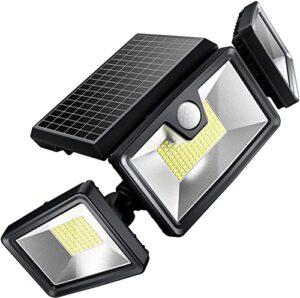 tbi security solar lights outdoor 216 led 2200lm, 6500k, 7w - extra-wide adjustable 360° 3 heads with 3 modes, wireless motion sensor 40ft - waterproof ip65 spot flood lights solar powered 2200mah