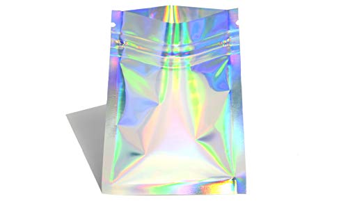 50 - 4x6" Holographic Rainbow Flat Ziplock Double-Sided Reusable Metallic Food Storage Bags (Iridescent)