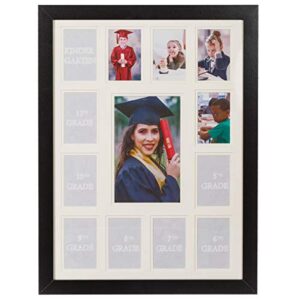 wood side orbis school years picture days collage frame with double white mat, displays one 5x7 photo and twelve 2.5x3.5 pictures, landscape, portrait, k-12 keepsake