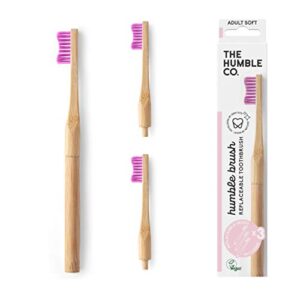 the humble co. bamboo toothbrush & 3 toothbrush heads vegan and eco friendly toothbrushes for sustainable zero waste oral care, bpa free soft bristle toothbrush (purple)