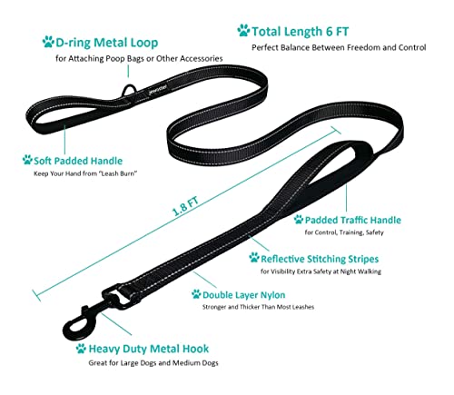 Heavy Duty Dog Leash - 2 Handles by Padded Traffic Handle for Extra Control, 6foot Long - Perfect for Medium to Large Dogs (6 ft, Black)