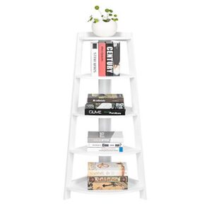 5 tier rustic corner shelf stand, industrial small bookcase corner ladder shelf plant stand for living room, kitchen, home office (white)