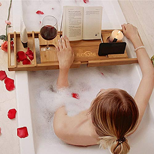 Little kuku Bathtub Tray - Bathtub Caddy Tray for Luxury Bath - Expandable Bamboo Bathtub Tray with Book and Wine Holder - Extra Soap Dish (Yellow)