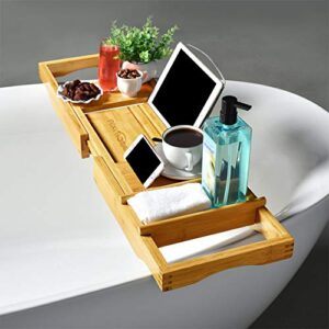 Little kuku Bathtub Tray - Bathtub Caddy Tray for Luxury Bath - Expandable Bamboo Bathtub Tray with Book and Wine Holder - Extra Soap Dish (Yellow)