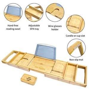 Little kuku Bathtub Tray - Bathtub Caddy Tray for Luxury Bath - Expandable Bamboo Bathtub Tray with Book and Wine Holder - Extra Soap Dish (Yellow)