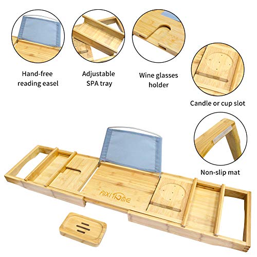 Little kuku Bathtub Tray - Bathtub Caddy Tray for Luxury Bath - Expandable Bamboo Bathtub Tray with Book and Wine Holder - Extra Soap Dish (Yellow)