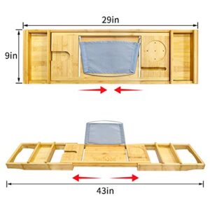 Little kuku Bathtub Tray - Bathtub Caddy Tray for Luxury Bath - Expandable Bamboo Bathtub Tray with Book and Wine Holder - Extra Soap Dish (Yellow)