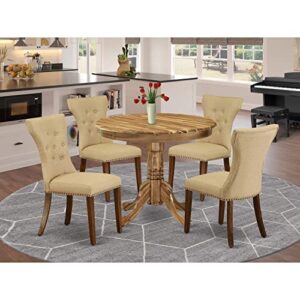 east west furniture anga5-ana-03 5 piece dining set for 4 includes a round kitchen table with pedestal and 4 brown linen fabric upholstered parson chairs, 36x36 inch, natural