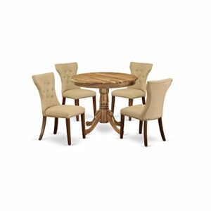 East West Furniture ANGA5-ANA-03 5 Piece Dining Set for 4 Includes a Round Kitchen Table with Pedestal and 4 Brown Linen Fabric Upholstered Parson Chairs, 36x36 Inch, Natural