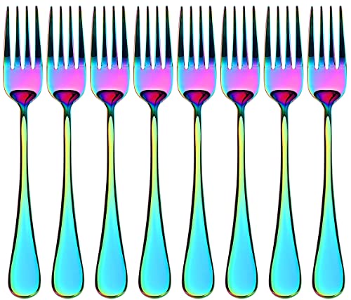 Colorful Salad Forks Set of 8, Stainless Steel Rainbow Dessert Forks, 8-Piece Iridescent Silverware Flatware Fork, Mirror Finish and Dishwasher Safe, 6.8-Inch