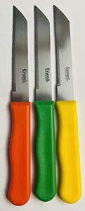 fixwell made in germany stainless steel knives -pack of 3 knives (orange, yellow, green) -3.5" sharp serrated blade -ideal for kitchen and general use, breads, sandwiches, and precision food cutting