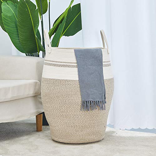 InfiBay Large Laundry Hamper | Tall Laundry Basket | Woven Cotton Rope Clothes Hamper | 25.6” Height Tall Dirty Clothes Hamper with Extended Handles in Bedroom, Bathroom or Living Room