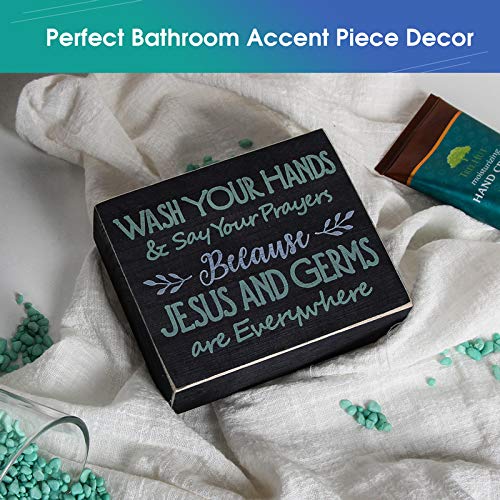 J JACKCUBE DESIGN Farmhouse Vintage Decorative Wood Bathroom Signs Decor, Classic Rustic Wooden Box Stand Up Wall Home Decor, Your Prayers and Wash Your Hands, Blue, White Letters- MK684A