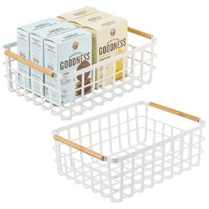 mdesign metal wire storage organizer basket with bamboo wood handles for kitchen pantry, rustic farmhouse bin to store fruit, coffee, spices, supplies, yami collection, 2 pack, matte white/natural/tan
