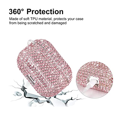 Luxurious Shining Rhinestone Diamante Apple AirPods Pro Case, Bling Sparkle Protective Cover Carrying Mickey Ball Keychain for Airpods Pro,Shockproof Anti-Scratch Anti-dust (Pink)