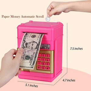 TUSEASY Piggy Bank, Birthday Toys Gifts for 4 5 6 7 8 9 10 Year Old Boys Girls, Electronic Real Money Coin ATM Machine, Plastic Large Saving Bank Safe Lock Box, Kids Kawaii Cute Stuff (Deeppink)