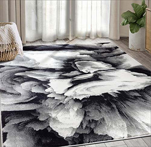 Abani Rugs Modern 7'9" x 10'2" Black & White Floral Swirl Area Rug - Contemporary Geometric 3D Rug, Arto Collection