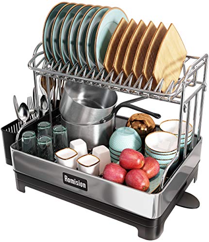 romision Dish Drying Rack, 304 Stainless Steel 2 Tier Large Dish Rack and Drainboard Set with Swivel Spout Drainage, Full Size Dish Drainer with Utensil Holder for Kitchen Counter of Big Family