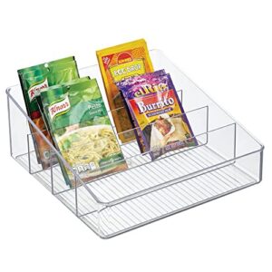 mdesign large plastic food packet organizer bin caddy - 4 divided sections - storage station for kitchen, pantry, cabinet, countertop - holder for seasoning pouches, soups, spices, snacks - clear
