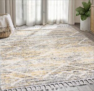 abani modern 5'3" x 7'6" grey, cream & yellow shag area rug rugs plush contemporary boston collection tassel rug