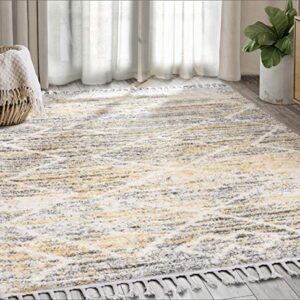 Abani Modern 5'3" X 7'6" Grey, Cream & Yellow Shag Area Rug Rugs Plush Contemporary Boston Collection Tassel Rug