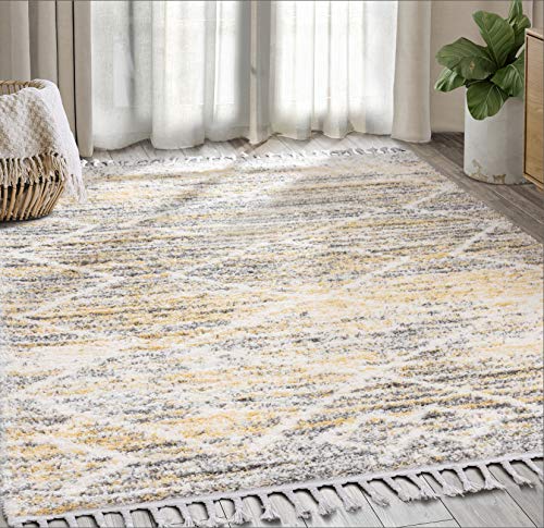 Abani Modern 5'3" X 7'6" Grey, Cream & Yellow Shag Area Rug Rugs Plush Contemporary Boston Collection Tassel Rug