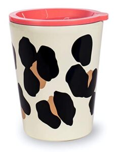 kate spade new york small insulated coffee cup with lid, leopard print double walled stainless steel mug, 12oz coffee tumbler, forest feline
