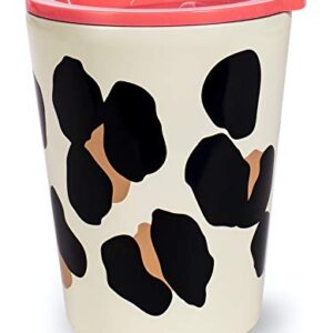 Kate Spade New York Small Insulated Coffee Cup with Lid, Leopard Print Double Walled Stainless Steel Mug, 12oz Coffee Tumbler, Forest Feline