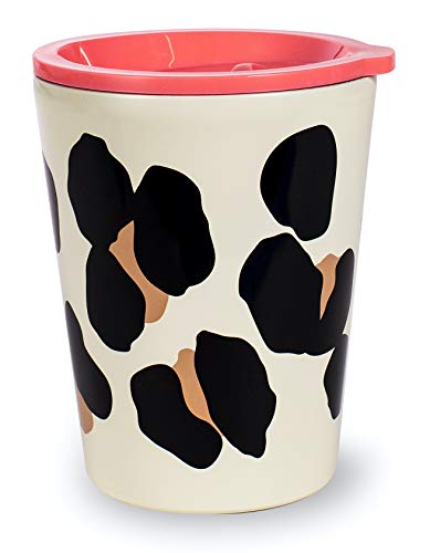 Kate Spade New York Small Insulated Coffee Cup with Lid, Leopard Print Double Walled Stainless Steel Mug, 12oz Coffee Tumbler, Forest Feline