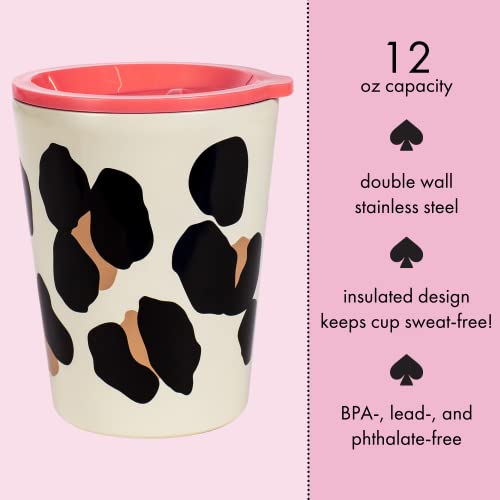 Kate Spade New York Small Insulated Coffee Cup with Lid, Leopard Print Double Walled Stainless Steel Mug, 12oz Coffee Tumbler, Forest Feline