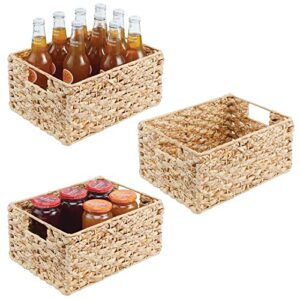 mdesign hyacinth braided woven kitchen basket bin with built-in handles for organizing kitchen pantry, cabinet, cupboard, countertop, shelves - holds food, drinks, snacks, 3 pack - natural/tan