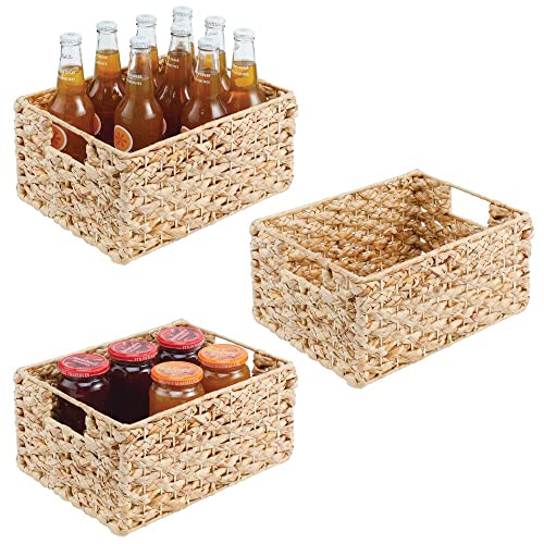 mDesign Hyacinth Braided Woven Kitchen Basket Bin with Built-in Handles for Organizing Kitchen Pantry, Cabinet, Cupboard, Countertop, Shelves - Holds Food, Drinks, Snacks, 3 Pack - Natural/Tan