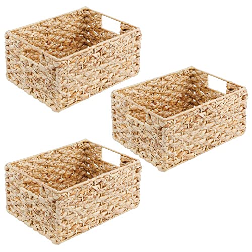 mDesign Hyacinth Braided Woven Kitchen Basket Bin with Built-in Handles for Organizing Kitchen Pantry, Cabinet, Cupboard, Countertop, Shelves - Holds Food, Drinks, Snacks, 3 Pack - Natural/Tan