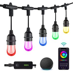 hbn color changing string lights 36ft smart led string lights outdoor rgbw patio string lights waterproof ip65, 2.4 ghz wi-fi&bluetooth app control 18 acrylic bulbs work with alexa google