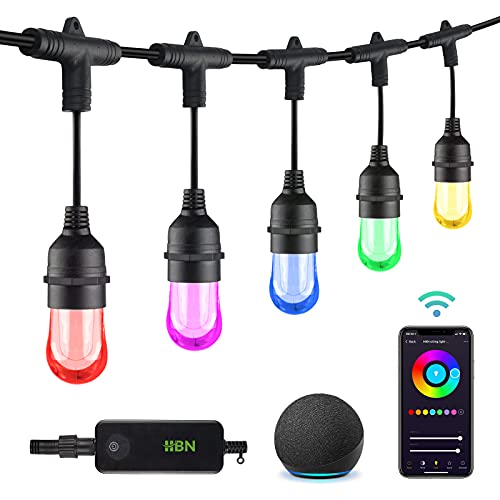 HBN Color Changing String Lights 36ft Smart LED String Lights Outdoor RGBW Patio String Lights Waterproof IP65, 2.4 GHz Wi-Fi&Bluetooth App Control 18 Acrylic Bulbs Work with Alexa Google